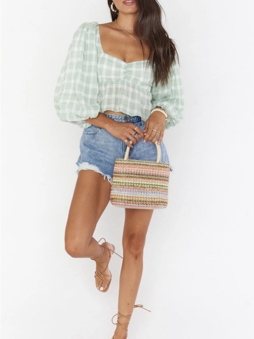 Show Me Your MuMu Cathy Gingham Top Mint Puff-Sleeve